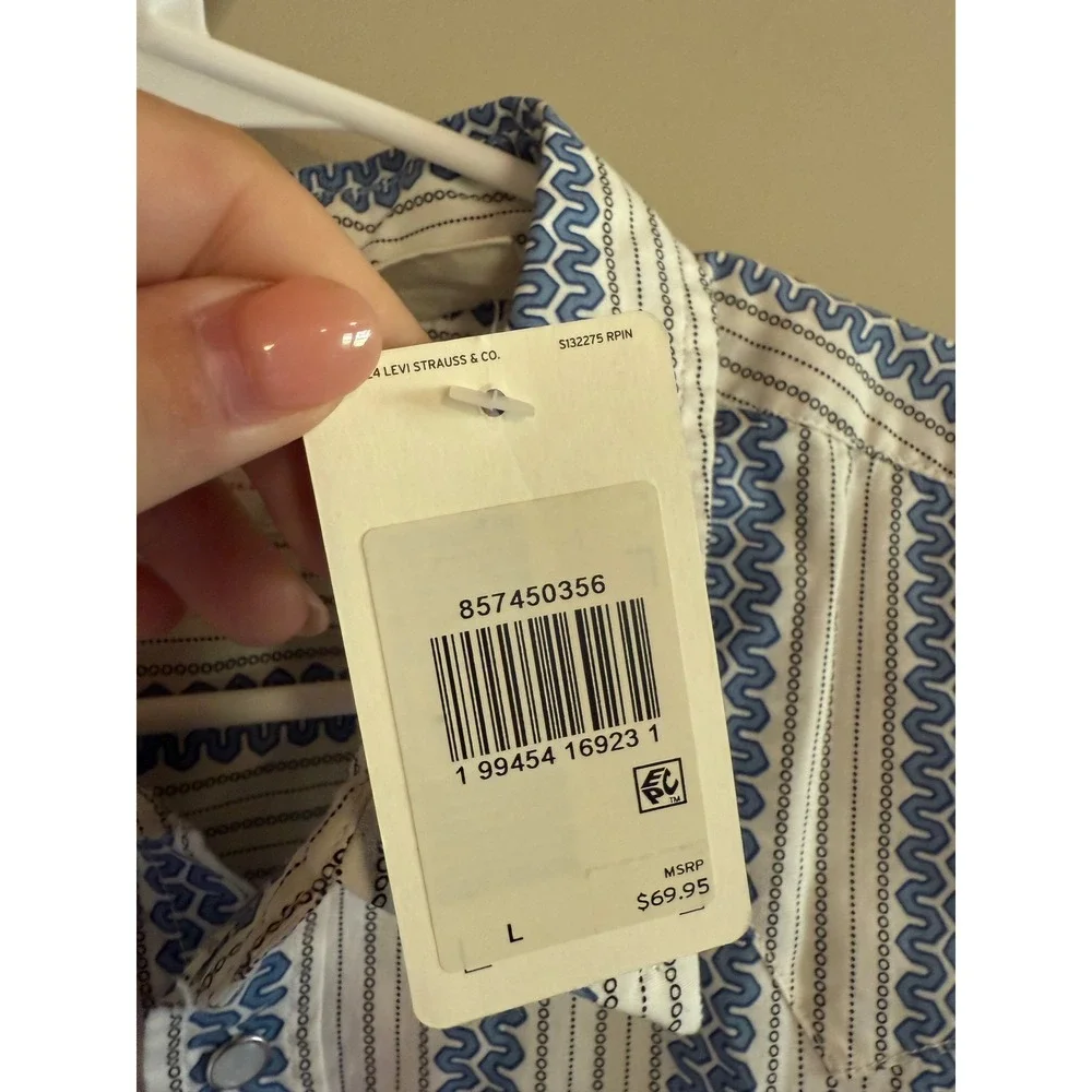 Levis The Western Standard Fit Shirt Mens Large Blue White Geometric Stripe NWT